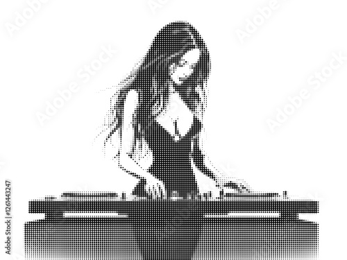 Halftone Illustration of a Female DJ at Turntables