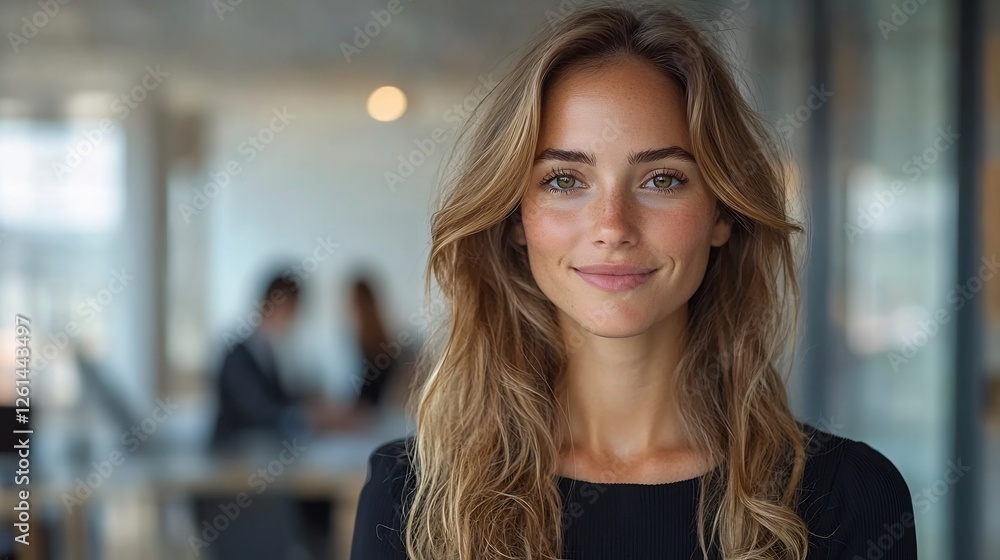 Fototapeta premium Businesswoman holding a folder smiling confidently in a modern office with her colleagues working on computers in the background