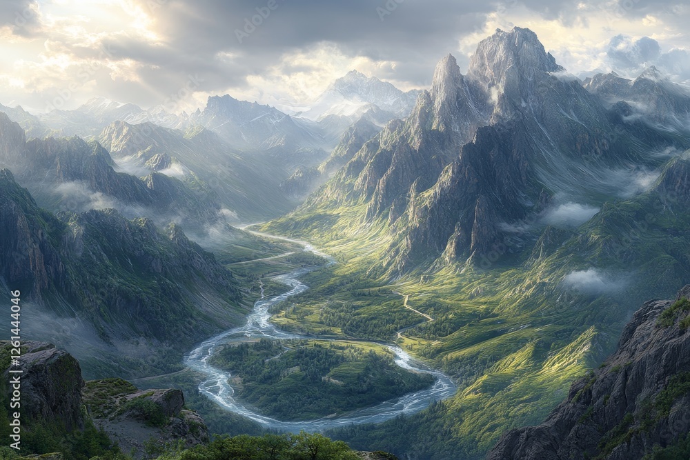 Naklejka premium Majestic mountain river valley sunrise; fantasy landscape, game background