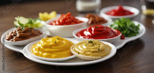 Colorful array of condiments on a plate with background blur, hot mustard, food accompaniments photo