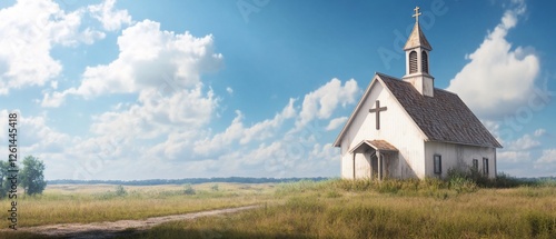 Rural church, sunny field, calm sky. Faith, peace