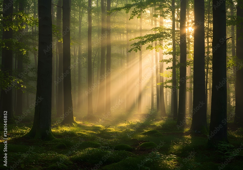 Fototapeta premium Sunlight Filters Through Dense Trees, Illuminating The Tranquil Forest Scene