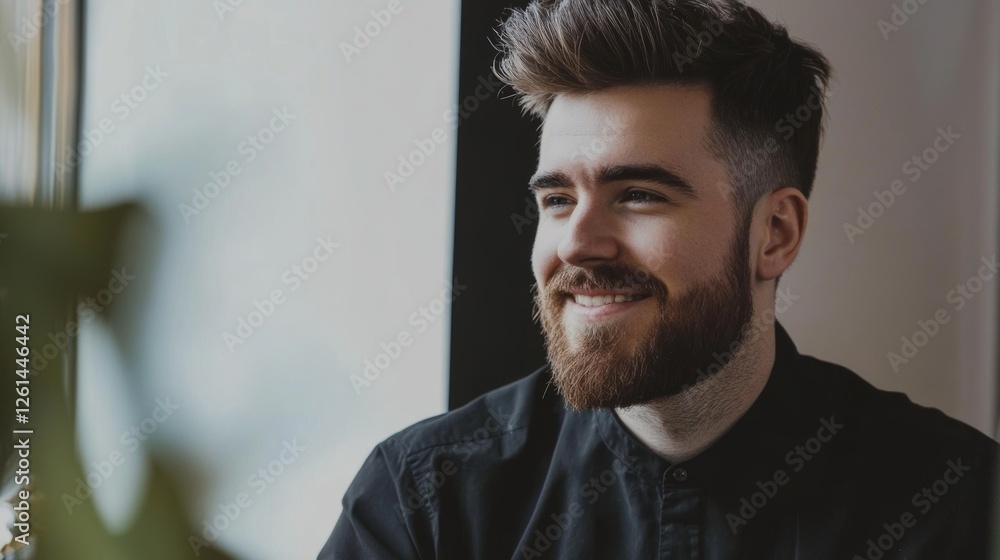 Young man with a beard smiling while sitting near a window during daylight in a modern interior space