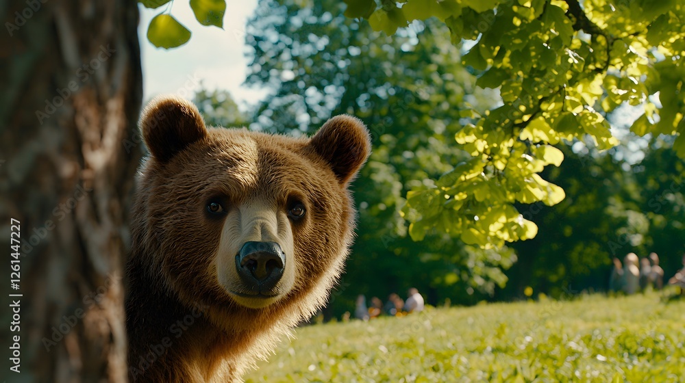 Obraz premium Curious Brown Bear Peeking from Behind Tree in Lush Green Environment