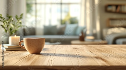 A cozy living space featuring a cup on a wooden table with a candle and books nearby.