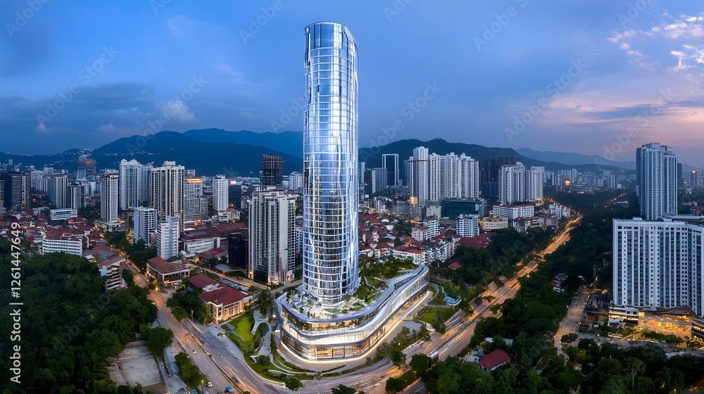 Fototapeta premium Modern Skyscraper in Urban Landscape with Sunset Sky Background