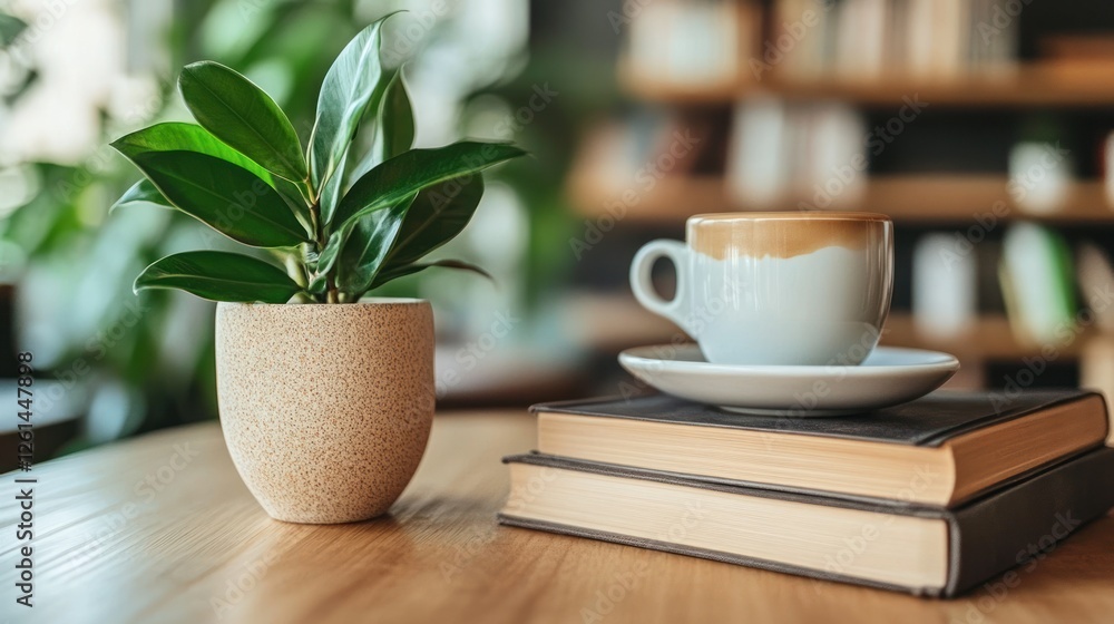 A cozy scene featuring a plant, a coffee cup, and books on a wooden table. A cozy scene featuring a plant, a coffee cup, and books on a wooden table.