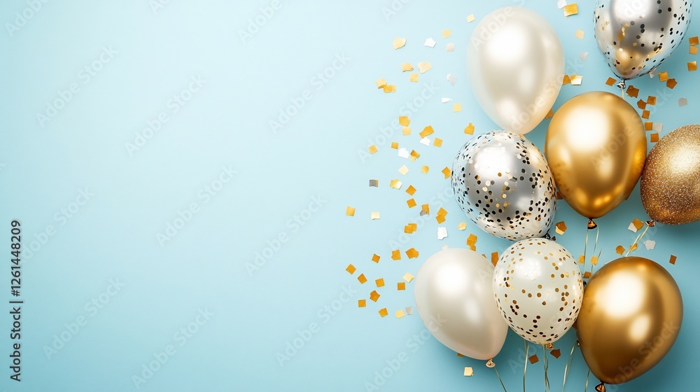Gold, silver, and white balloons with confetti on a light blue background. (1) Gold, silver, and white balloons with confetti on a light blue background. (1)