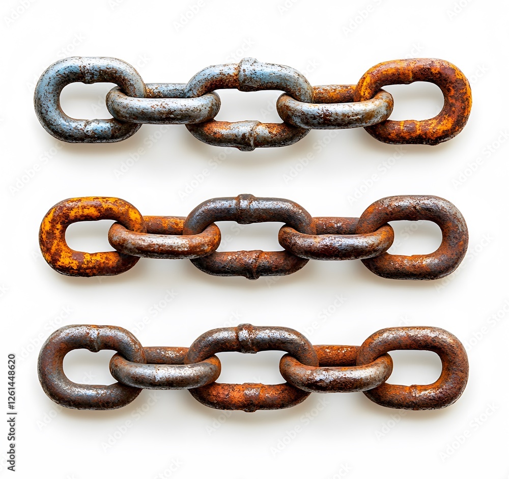 Three Rusty Metal Chains Displayed Against White Background Three Rusty Metal Chains Displayed Against White Background