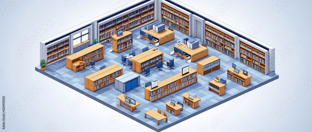 Obraz premium Isometric view of a modern library interior with bookshelves, desks, and computers.