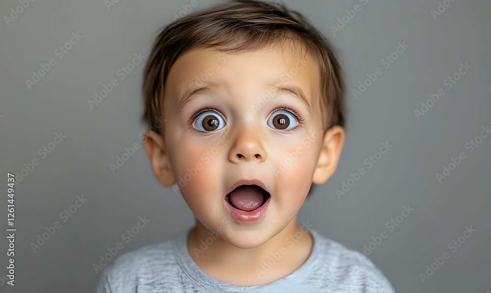 Surprised young child with wide open blue eyes and mouth expressing amazement and wonder against gray background, wearing light sweater. For emotional concepts. Surprised young child with wide open blue eyes and mouth expressing amazement and wonder against gray background, wearing light sweater. For emotional concepts.