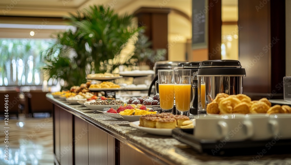 Naklejka premium Hotel buffet breakfast spread, showcasing pastries, juice, and fruit in a large hall