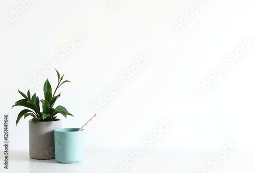 an image of a plant in a pot next to a toothbrush, there is a plant in a pot next to a toothbrush holder photo