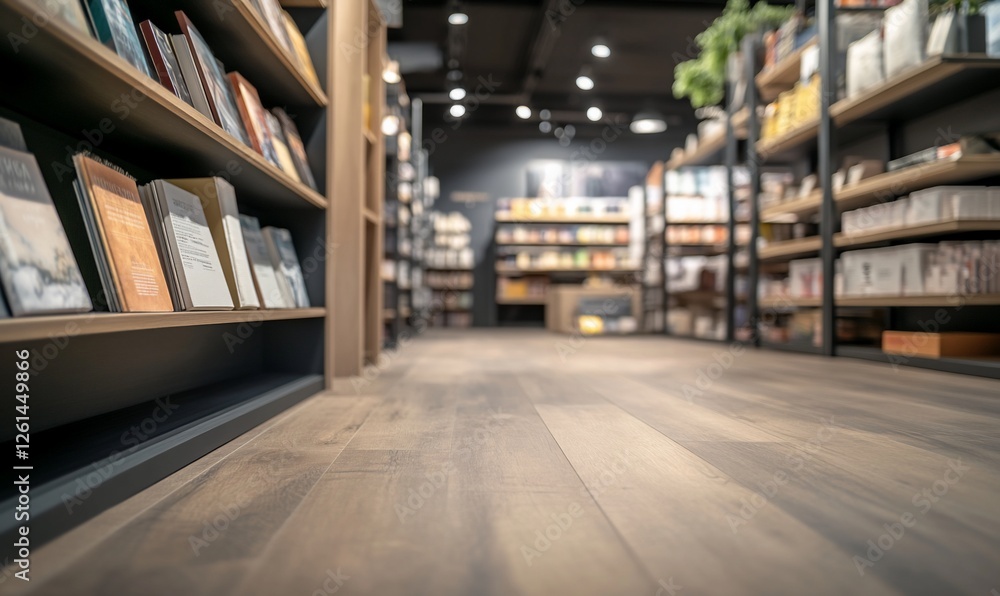 Modern bookstore interior with wooden floors and bookshelves filled with various books. Modern bookstore interior with wooden floors and bookshelves filled with various books.