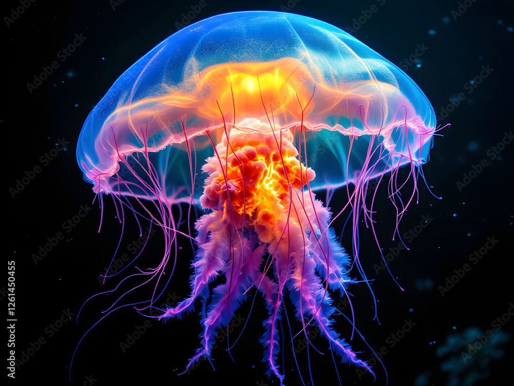 A vibrant, glowing jellyfish with translucent tentacles in a dark underwater setting. A vibrant, glowing jellyfish with translucent tentacles in a dark underwater setting.