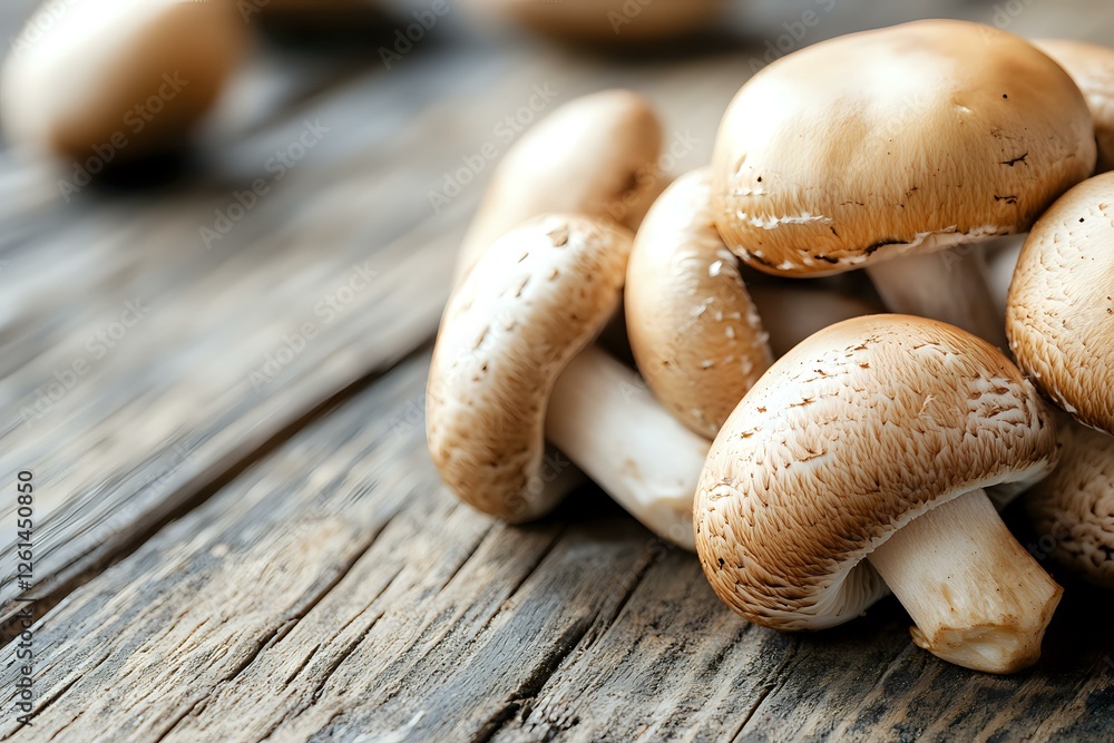 Fresh brown champignon mushrooms on rustic wooden background with selective focus and copy space. For food photography and menu design. Fresh brown champignon mushrooms on rustic wooden background with selective focus and copy space. For food photography and menu design.