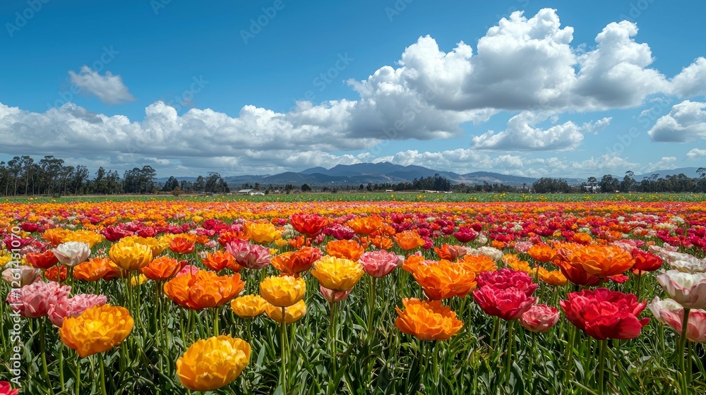 Vibrant Ranunculus Field in Bloom under a Sunny Spring Sky Vibrant Ranunculus Field in Bloom under a Sunny Spring Sky
