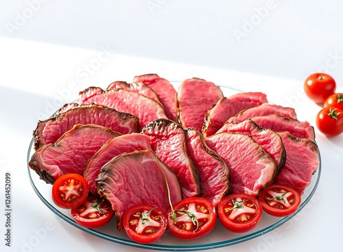 an image of a plate of sliced meat and tomatoes on a table, there is a plate of sliced meat and tomatoes on a table photo