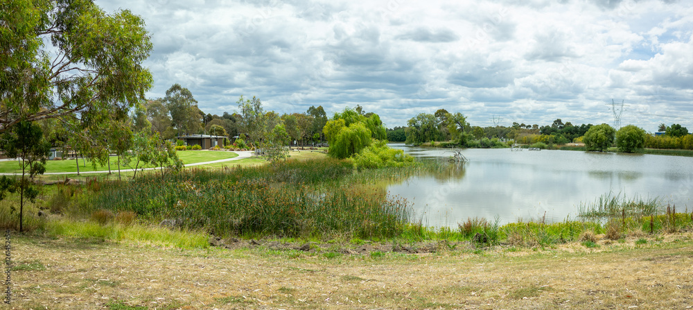 Fototapeta premium Panoramic view of Taylors Lake in Melbourne, Australia. A serene suburban park with wetlands, and native vegetation.Taylors Lakes Linear Park