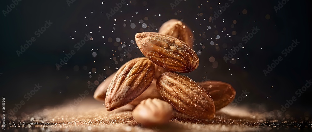 Fresh almond nuts falling with gold dust splash effect on dark background, macro food photography with dramatic lighting and copy space. Fresh almond nuts falling with gold dust splash effect on dark background, macro food photography with dramatic lighting and copy space.
