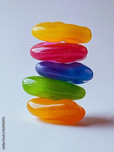 Stack of five vibrant, glossy, smooth, colorful, jelly candies.
