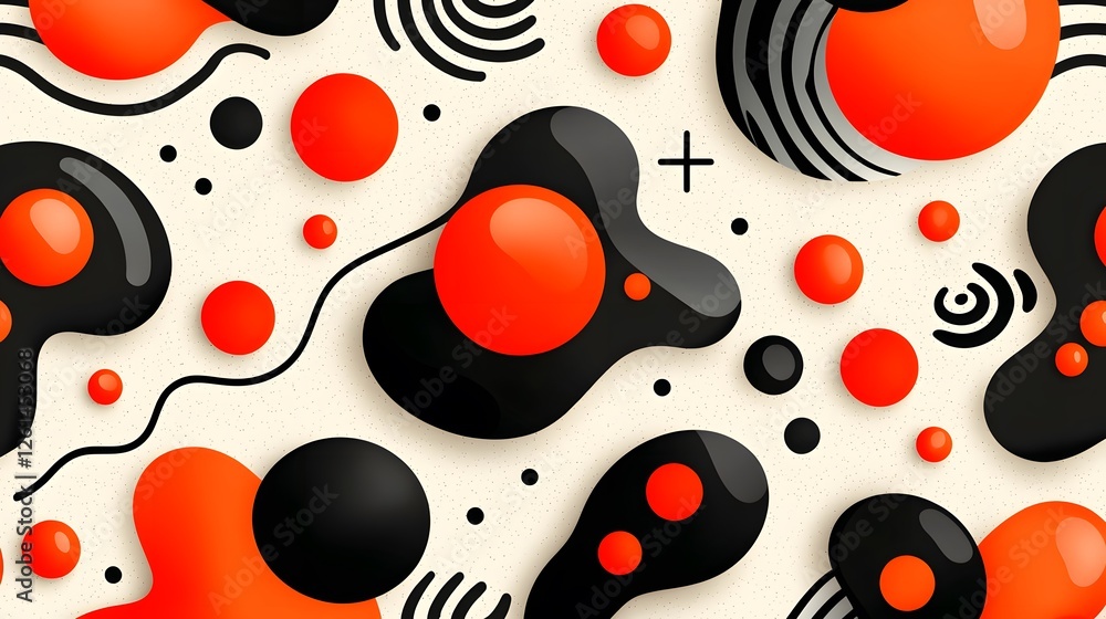 Abstract Colorful Shapes with Red and Black Elements on Cream Background Abstract Colorful Shapes with Red and Black Elements on Cream Background