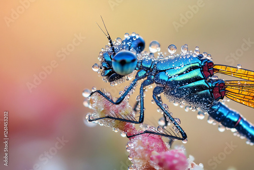 Dragonfly covered in water droplets resting on a flower in early morning light