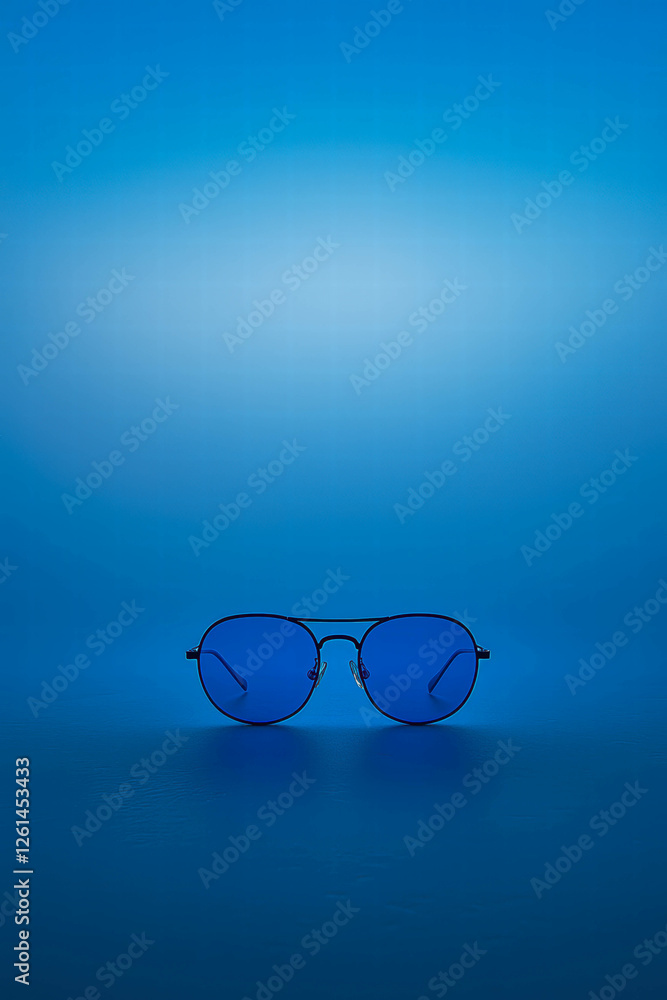 Stylish Blue Sunglasses on Blue Background with Soft Lighting Stylish Blue Sunglasses on Blue Background with Soft Lighting