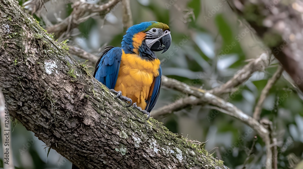 Obraz premium Vibrant Blue and Yellow Macaw Perched on Tree Branch in Jungle