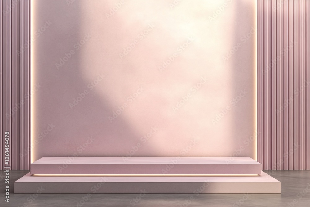 Minimalist pink podium with subtle lighting against a textured wall. Minimalist pink podium with subtle lighting against a textured wall.