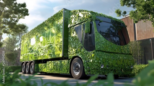 Eco-friendly electric cargo truck covered in greenery promoting sustainability