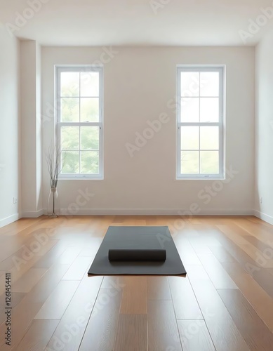 an image of a yoga mat in a room with two windows, there is a yoga mat in a room with two windows photo