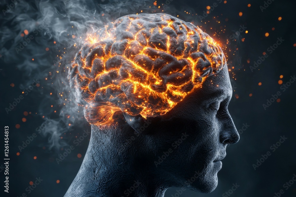 Obraz premium Man's brain is on fire, with smoke and sparks surrounding it