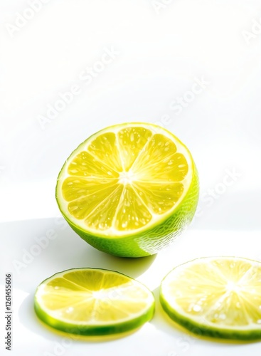 an image of a lime cut in half and a lime slice on a plate, there is a lime cut in half and a lime slice on the table photo