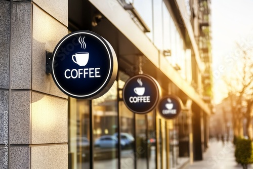 Coffee shop with two signs hanging on the wall