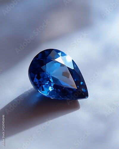 Close-up of a vibrant blue pear-shaped gemstone, reflecting light on a white surface.