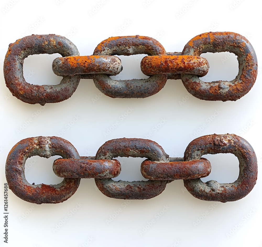 Two rusty metal chains linked together Two rusty metal chains linked together