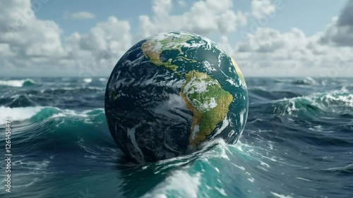 Earth afloat stormy ocean, climate change concept