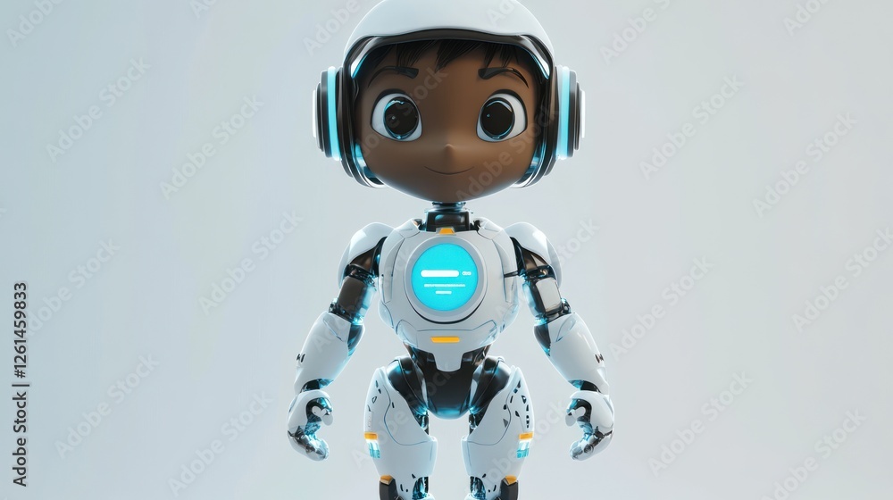 A futuristic robot character with a friendly design and glowing features. A futuristic robot character with a friendly design and glowing features.