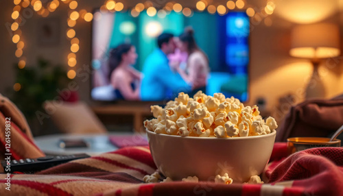 Inviting Movie Night Setting with Fresh Popcorn and Ambient Lighting