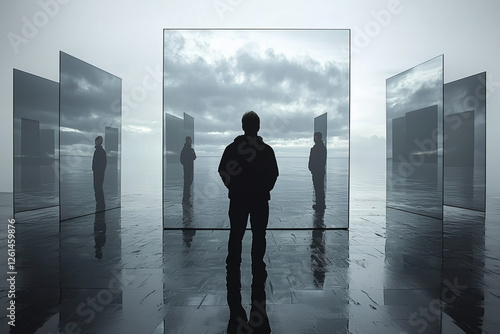 person standing in front of mirrors reflecting cloudy sky, creating surreal atmosphere. scene evokes introspection and contemplation