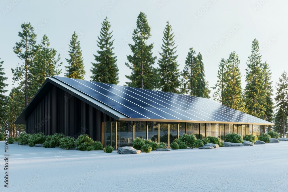 Modern eco-friendly building with solar panels surrounded by pine trees in winter Modern eco-friendly building with solar panels surrounded by pine trees in winter