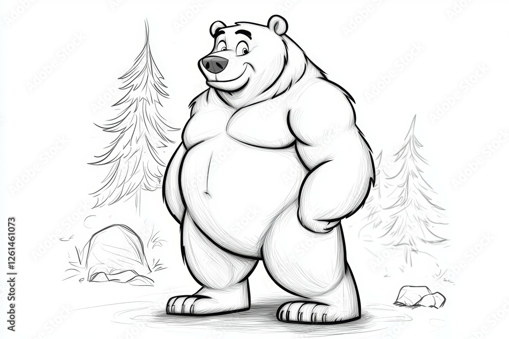 Obraz premium Cartoon bear with a big belly stands in front of a tree