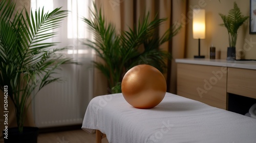 Bright Physiotherapy Clinic Room With Gold Sphere On Treatment Table