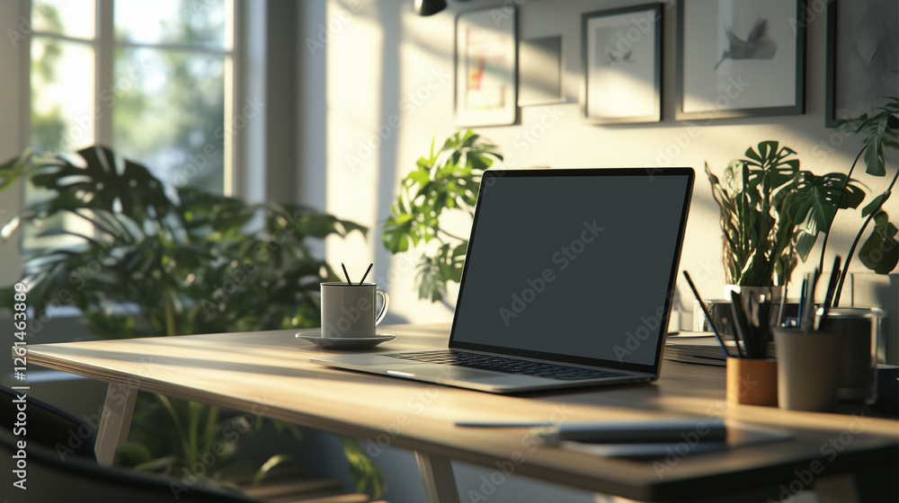 Home Office Work Table with Laptop Minimalist Interior for Working in Room Luxury Freelancer with Cozy Chic Indoor Workspace Indoor Design for Home Office Black Screen of Laptop with Mouse Home Office Work Table with Laptop Minimalist Interior for Working in Room Luxury Freelancer with Cozy Chic Indoor Workspace Indoor Design for Home Office Black Screen of Laptop with Mouse