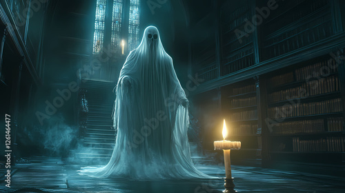 Ghostly wanderer in haunted library - spooky specter with candle in dark, eerie setting. Phantom Monarchs. Illustration