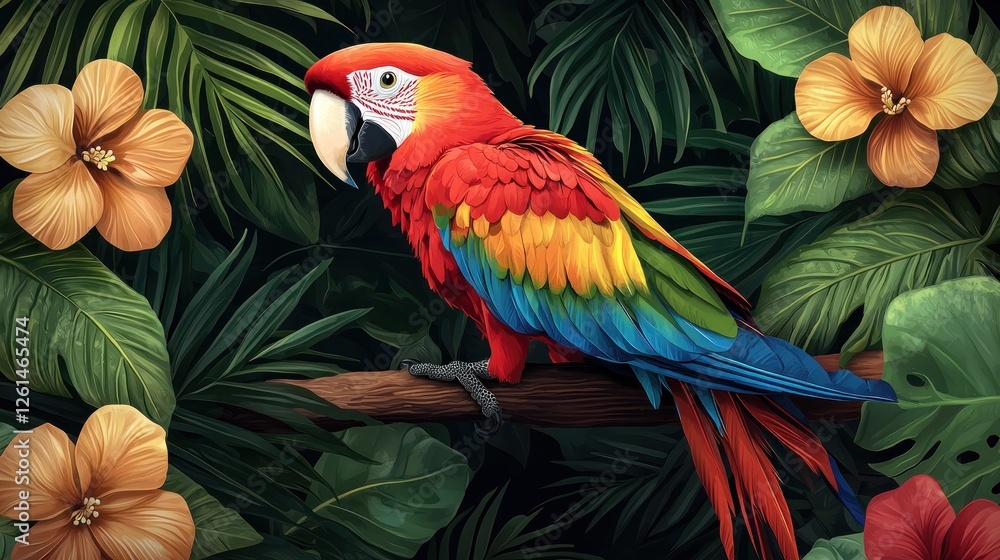 Fototapeta premium Colorful Scarlet Macaw Surrounded by Exotic Tropical Leaves and Flowers