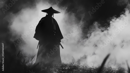 Shrouded in enigmatic shadows:a ronin's eerie wandering in the mist. Phantom Monarchs. Illustration photo