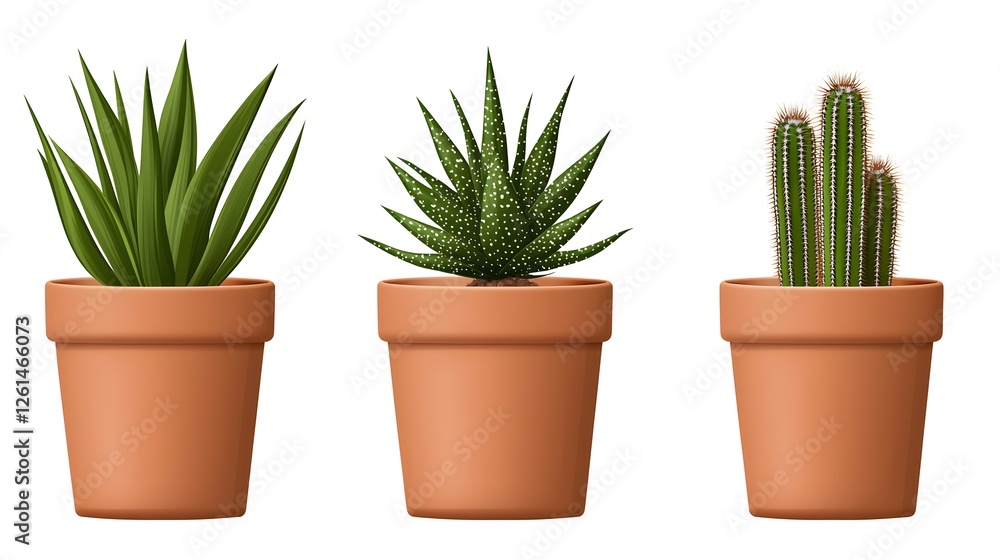 Three Distinct Indoor Plants in Terracotta Pots Isolated on White Three Distinct Indoor Plants in Terracotta Pots Isolated on White