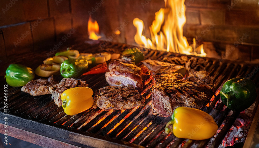 Grilled meats and vegetables are sizzling over an open flame on the barbecue. Grilled meats and vegetables are sizzling over an open flame on the barbecue.